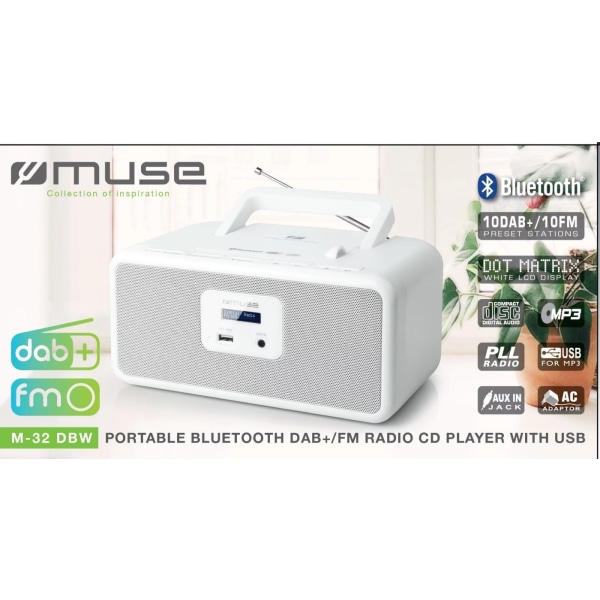 MUSE M-32 DBW Radio bærbar DAB+ FM CD USB hvid