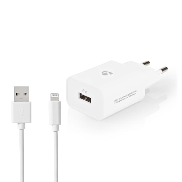 Nedis Väggladdare | 12 W | Snabbladdnings funktion | 1x 2.4 A A | Antal utgångar: 1 | USB-A | Lightning 8-Pin (Lös) Kabel | 1.00 m | Single Voltage Ou