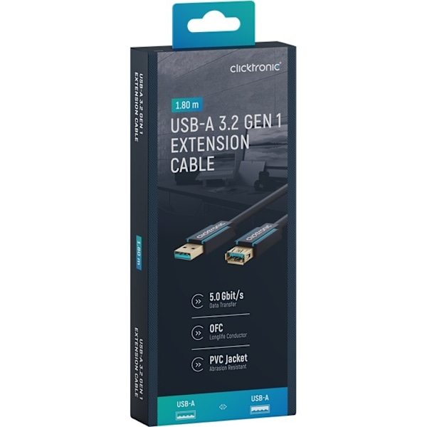ClickTronic Förlängningskabel USB-A Premiumkabel | USB A hane  USB A hona | 1,8 m | 5 Gbit/s