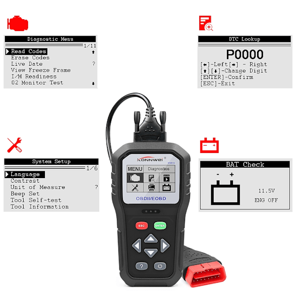 Konnwei KW818 OBD2 Fejlkode-læser til alle biler, 12V