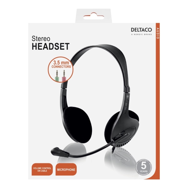 DELTACO headset, sluten, 32 Ohm, 2,3m kabel, svart (HL-43) Svart