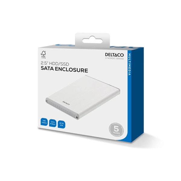 DELTACO ulkoinen kotelo 1x2,5" SATA 6Gb/s-kiintolevy, USB3, hopea