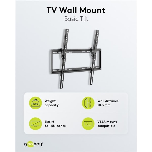 Goobay TV-väggfäste Basic TILT (M) för TV-apparater från 32 till 55 tum (81-140 cm), lutbar upp till 35 kg