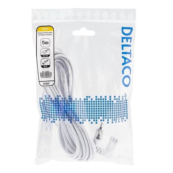 DELTACO outlet cable, 5m, angled CEE 7/16 to angled IEC 60320 C7, white