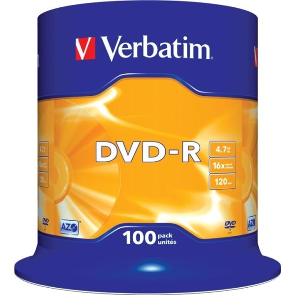 Verbatim DVD-R, 16x, 4,7 GB/120 min, 100-pakkaus spindle, AZO