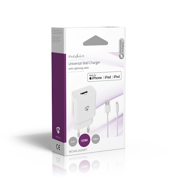 Nedis Väggladdare | 12 W | Snabbladdnings funktion | 1x 2.4 A A | Antal utgångar: 1 | USB-A | Lightning 8-Pin (Lös) Kabel | 1.00 m | Single Voltage Ou