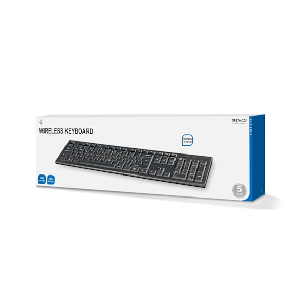 DELTACO trådlöst tangentbord, nordisk layout, USB, 10m, svart (TB-122)