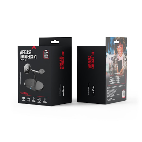 Maxlife MXWC-03 - 3-i-1 Trådløs Ladestation, 15W, Sort