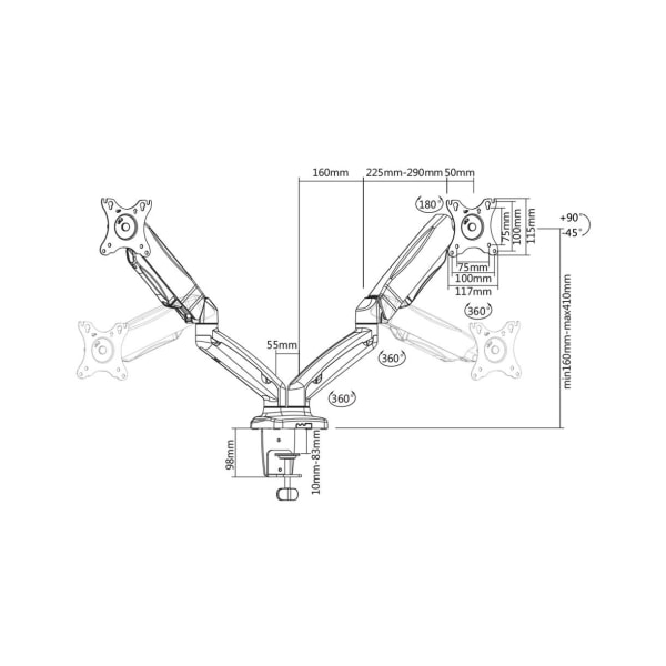 DELTACO Dubbelt bildskärmsfäste, 13-27", gasdriven, VESA, treaxel, svart