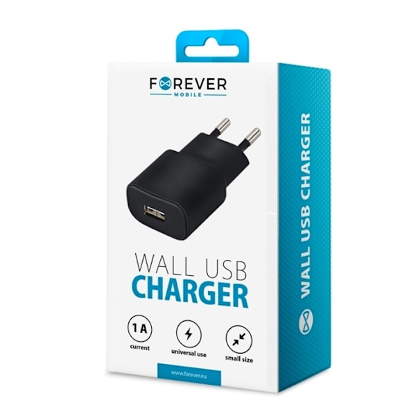Forever väggladdare, USB-port, 1A, svart Sort
