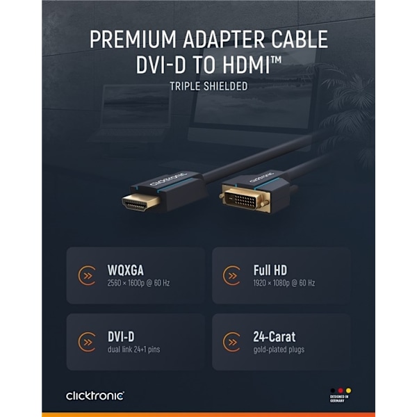 ClickTronic Adapterkabel från DVI till HDMI™ Premiumkabel | 1x DVI-D-kontakt  1x HDMI™-kontakt | 2,0 m | WQXGA @ 60 Hz