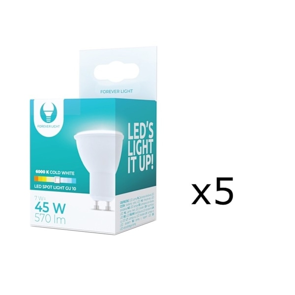 LED-pære GU10, 7W, 230V, 6000K, 5-pak, koldhvid