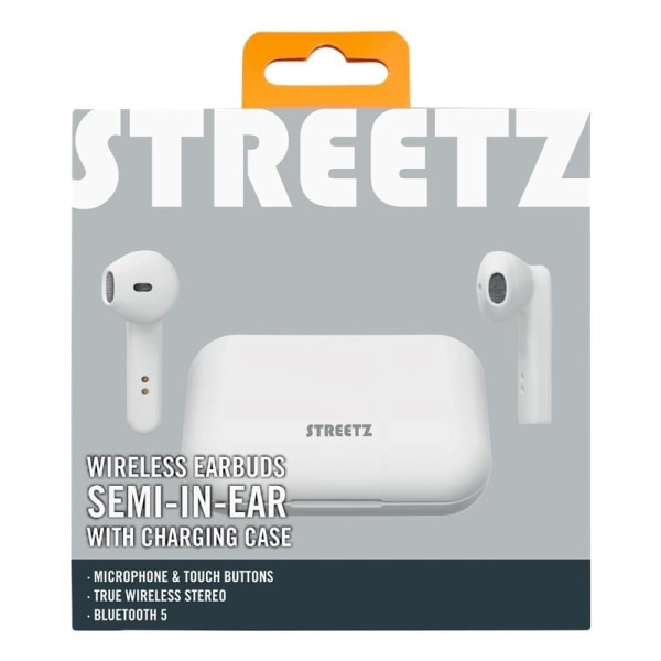 STREETZ True Wireless Stereo earbuds with charging case, semi-in Vit