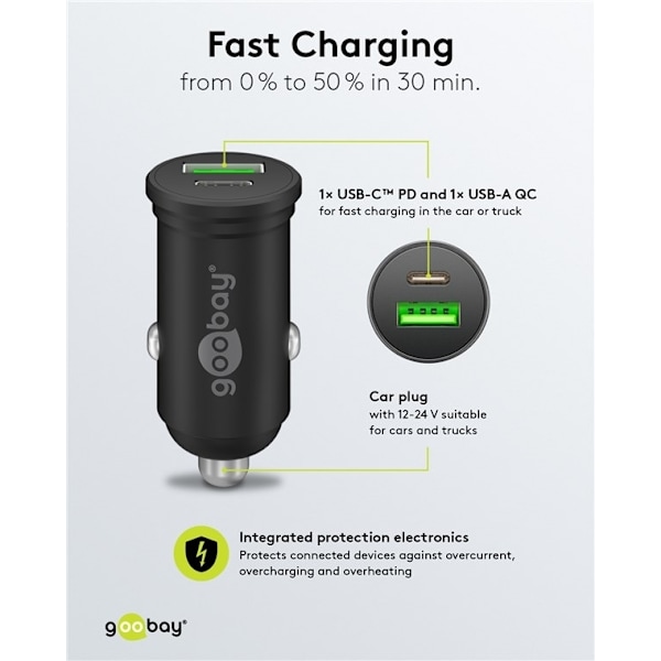 Goobay Dubbel USB-billadare USB-C™ PD (Power Delivery) (45 W) 45 W (12/24 V), lämplig för enheter med USB-C™ (Power Delivery), t.ex. iPhone 12
