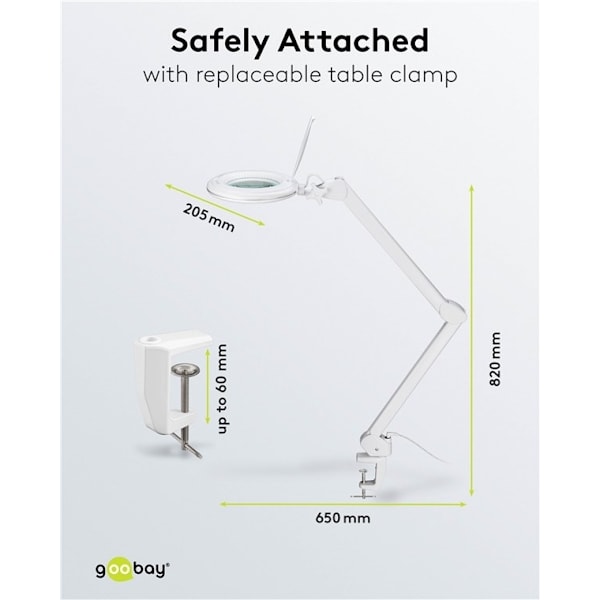 Goobay LED-luplampe med klemme, 10 W, hvid 800 lm, lysstyrke og lysfarve justerbar, 127 mm glaslinse, 1,75x forstørrelse, 3 dioptrier