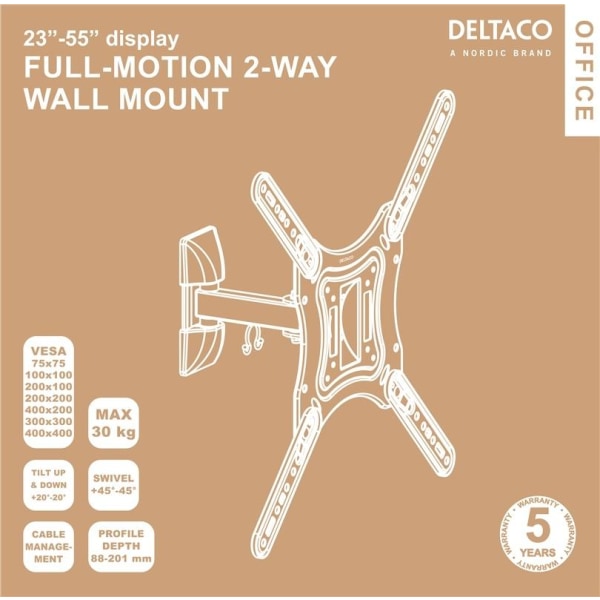 DELTACO Office, full-motion 2-way wall, 23"-55", 30kg, 75x75-400