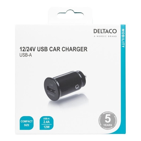 DELTACO 12/24 V USB car charger with compact size and 1x USB-A p