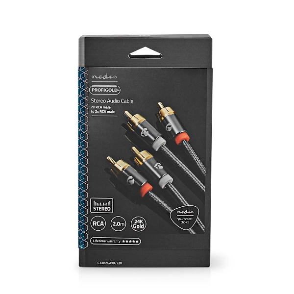 Nedis Stereoäänikaapeli | 2x RCA uros | 2x RCA uros | Kullattu | 2.00 m | Pyöreä | Gun Metal Harmaa / Harmaa | Laatikko kannella ja ikkunalla