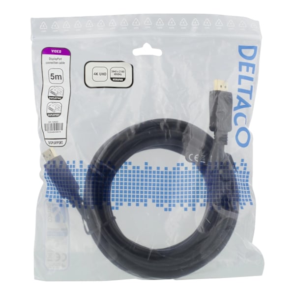 DELTACO DisplayPort-kaapeli, 5m, 4K UHD, DP 1.2, musta