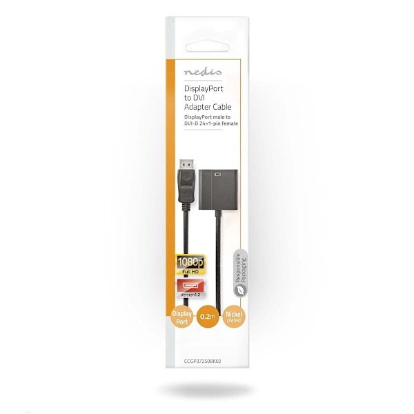 Nedis DisplayPort adapter | DisplayPort Han | DVI-D 24+1-Pins Hun | 1080p | Nikkelplateret | Lige | 0.20 m | Runde | PVC | ABS | Sort | Plastikpose