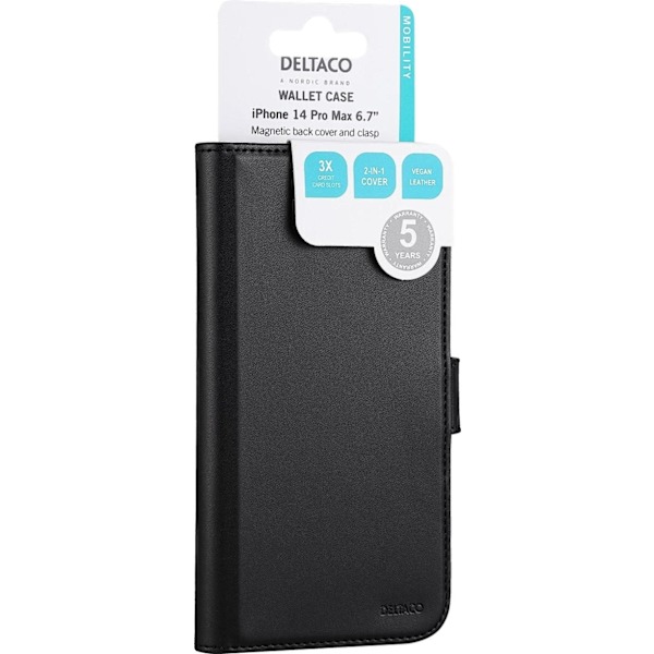 DELTACO iPhone 14 Pro Max wallet case 2-in-1, magnetic back cover Svart