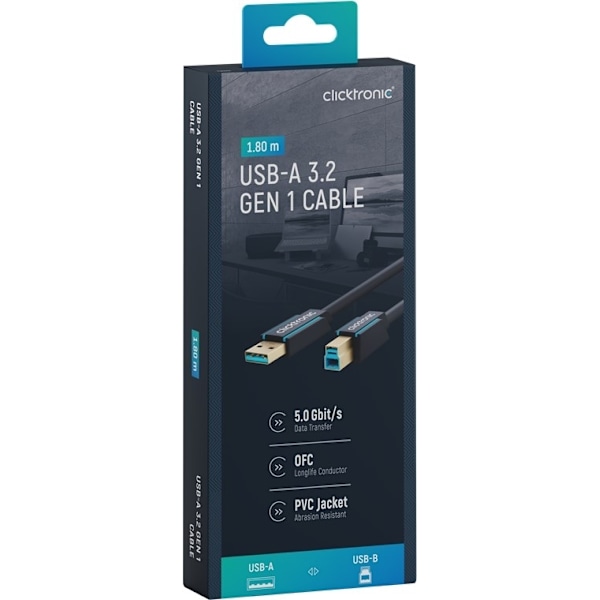 ClickTronic Adapterkabel från USB-A till USB-B 3.0 Premiumkabel | USB A-kontakt  USB B 3.0-kontakt | 1,8 m | 5 Gbit/s