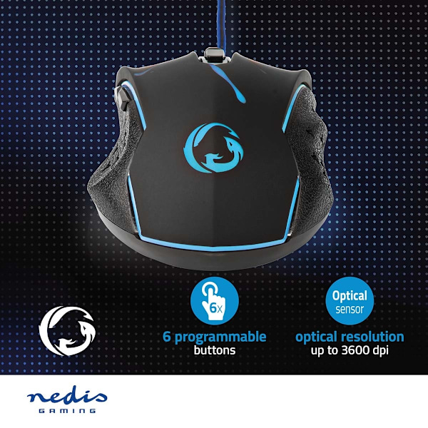 Nedis Gaming Mus | Trådbundet | 1200 / 1800 / 2400 / 3600 dpi | Justerbar DPI | Antal knappar: 6 | Programmerbara knappar | Högerhänt | 1.50 m | LED