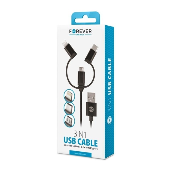 Forever 3in1 nylon microUSB + Lightning + USB typ-C Svart