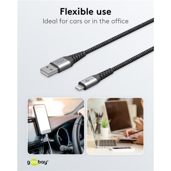 Goobay Lightning till USB-A-textilkabel med metallpluggar 1 m elegant och extra robust anslutningskabel för t.ex. Apple iPhone, iPad (Apple MFi certif