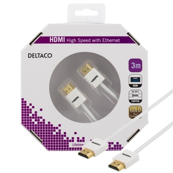 DELTACO ohut HDMI-kaapeli, HDMI High Speed with Ethernet, 3m, valk.