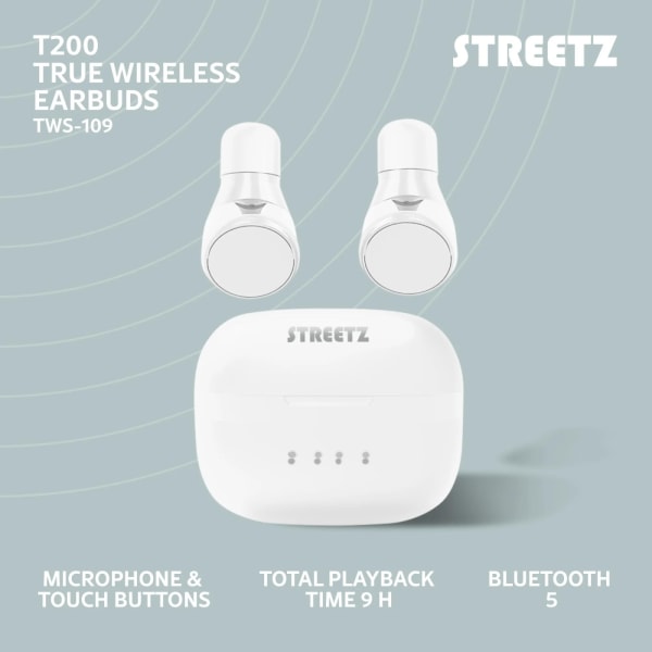 streetz True Wireless stay-in-ear, dual earbuds, charge case, wh Vit