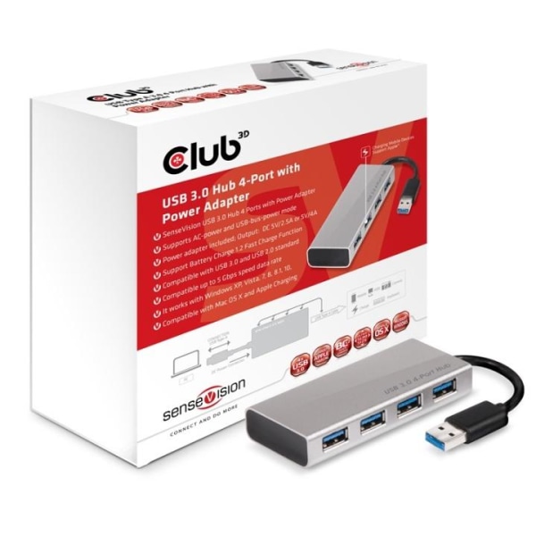 CLUB3D USB 3.0 Hub 4-port med strømadapter