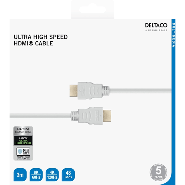 DELTACO ULTRA High Speed HDMI-kabel, 48Gbps, 3m, vit
