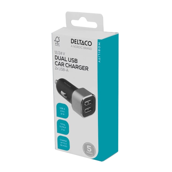 DELTACO USB-autolaturi, 2x USB-A, 17W, musta/hopea