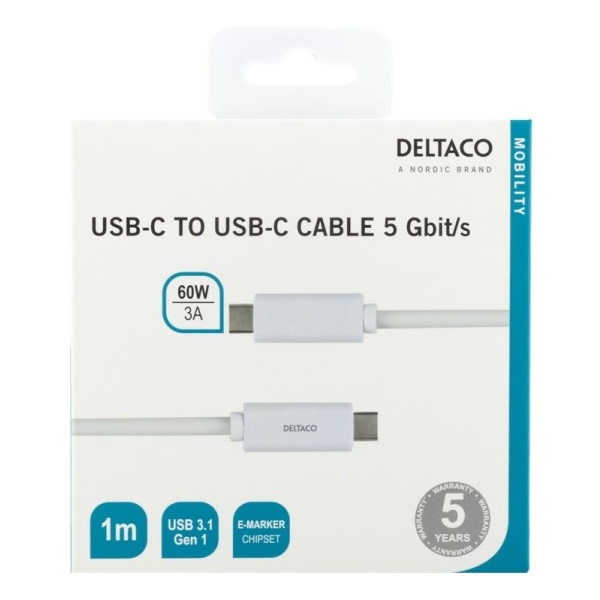 DELTACO USB-C-kaapeli, 1m, 1,5A, USB 3.1 Gen 1, E-Marker, valkoi