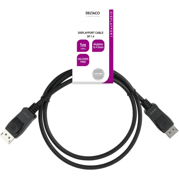 Deltaco DisplayPort-kabel, 1m, 8K, DP 1.4, DSC 1.2, LSZH svart