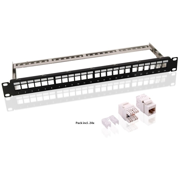 Goobay 19-tums (48,3 cm) Keystone-kopplingspanel (1 HE) inkl. 24x CAT-6-moduler (UTP) musta