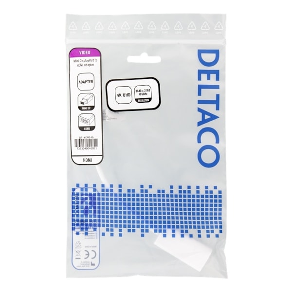 DELTACO sovitin Mini DisplayPort - HDMI, 4K 60Hz, 0,2m, valkoinen