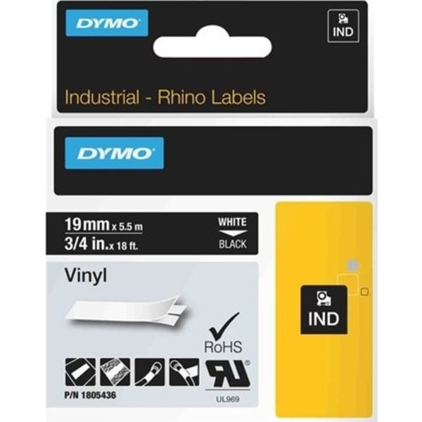DYMO Rhino Professional, mærkbar permanent vinyltape, 19 mm, hvid tek
