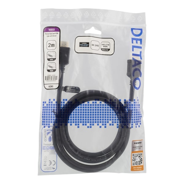 DELTACO High-Speed Premium HDMI-kabel, 2m, Ethernet, 4K UHD, svart