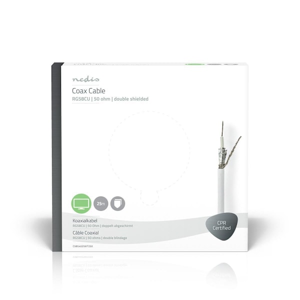 Nedis Coax Kabel På Rulle | RG58C/U | 50 Ohm | Dobbelt afskærmet | ECA | 25.0 m | Coax | PVC | Hvid | Gaveæske