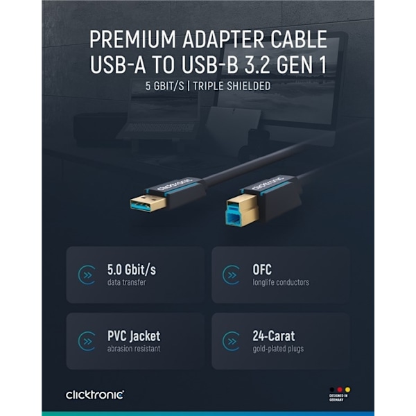 ClickTronic Adapterkabel från USB-A till USB-B 3.0 Premiumkabel | USB A-kontakt  USB B 3.0-kontakt | 3,0 m | 5 Gbit/s