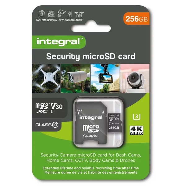 Integral 256 GB säkerhetskamera microSD-kort för färdkameror, he