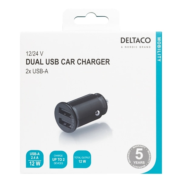 DELTACO 12/24 V USB-billader, dobbelte USB-A porte, 2,4 A, 12 W