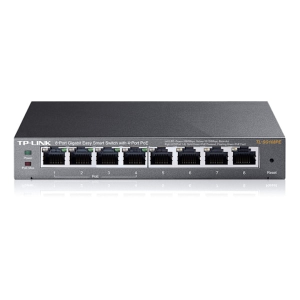TP-Link 8-port Gigabit Easy Smart Switch, PoE 55W, 802.3af, metall, sv Svart
