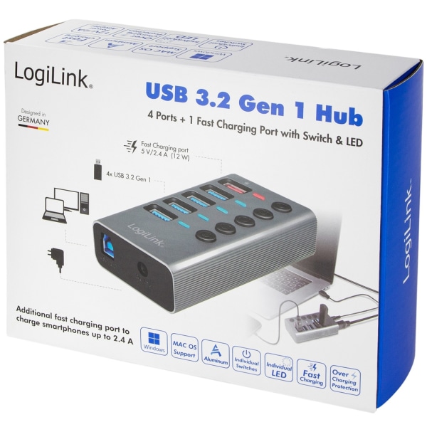 LogiLink USB-hub 4+1-port med separata På/Av-knappar USB 3.2 Gen