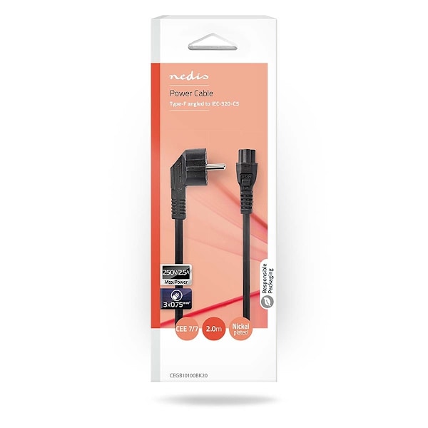 Nedis Strömkabel | Strömkontakt Hane | IEC-320-C5 | Vinklat | Rak | Nickelplaterad | 2.00 m | Rund | PVC | Svart | Låda