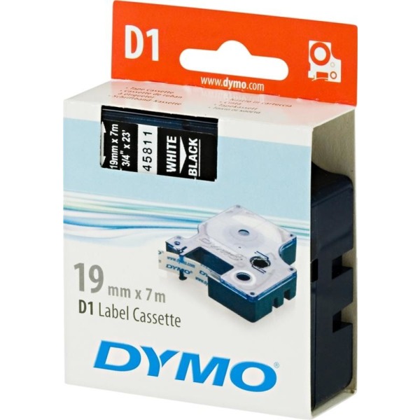 DYMO D1, markeringstape, 19mm, hvid tekst på sort tape, 7m - 458
