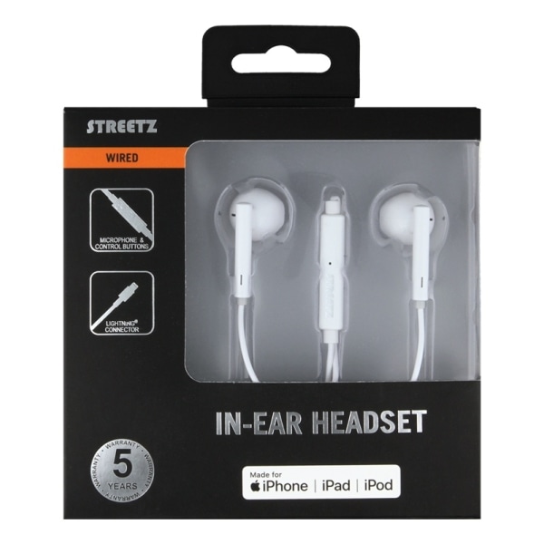 STREETZ in-ear Lightning headset, MFi, volume control, remote, white Vit