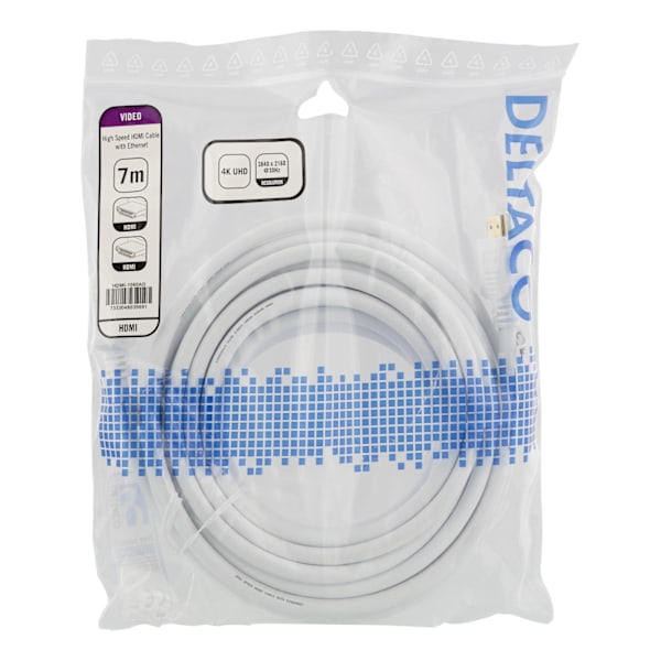 DELTACO High-Speed HDMI -kaapeli, 7m, Ethernet, 4K UHD, valk.